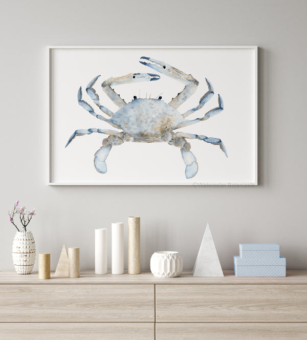Blauer Krabben Aquarell Kunstdruck – Modernes Coastal Wandbild für Strandhäuser