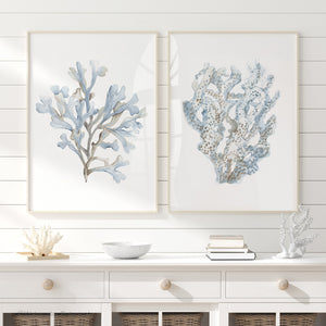 Blue Coastal Wall Art Set of 2 – Watercolor Coral Prints for Modern Beach Home