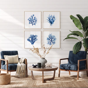 Watercolor Blue Coral Wall Art Prints – Indigo Navy Coastal Sea Life Set of 4, Nautical Ocean Botanical Artwork for Beach House Décor