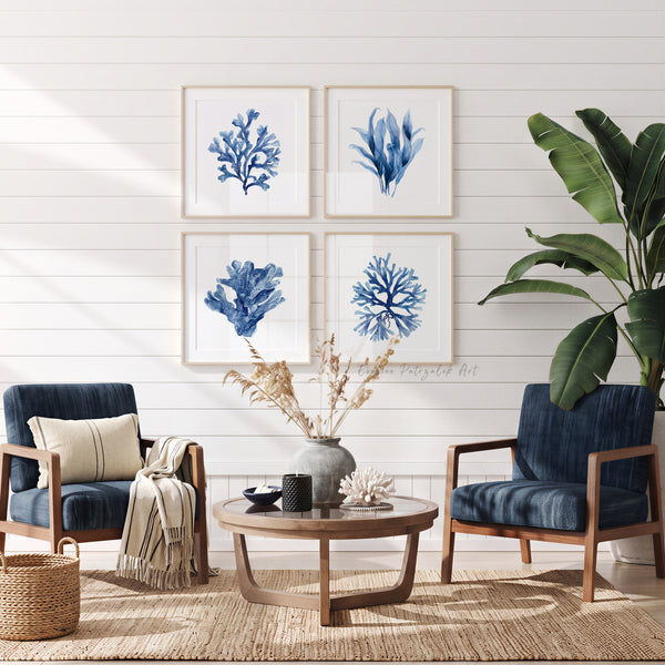 Aquarell Blaue Korallen Wandkunst Drucke – Indigo Marine Küsten Meerestiere Set aus 4, Nautische Ozean Botanische Kunstwerke für Strandhaus Deko