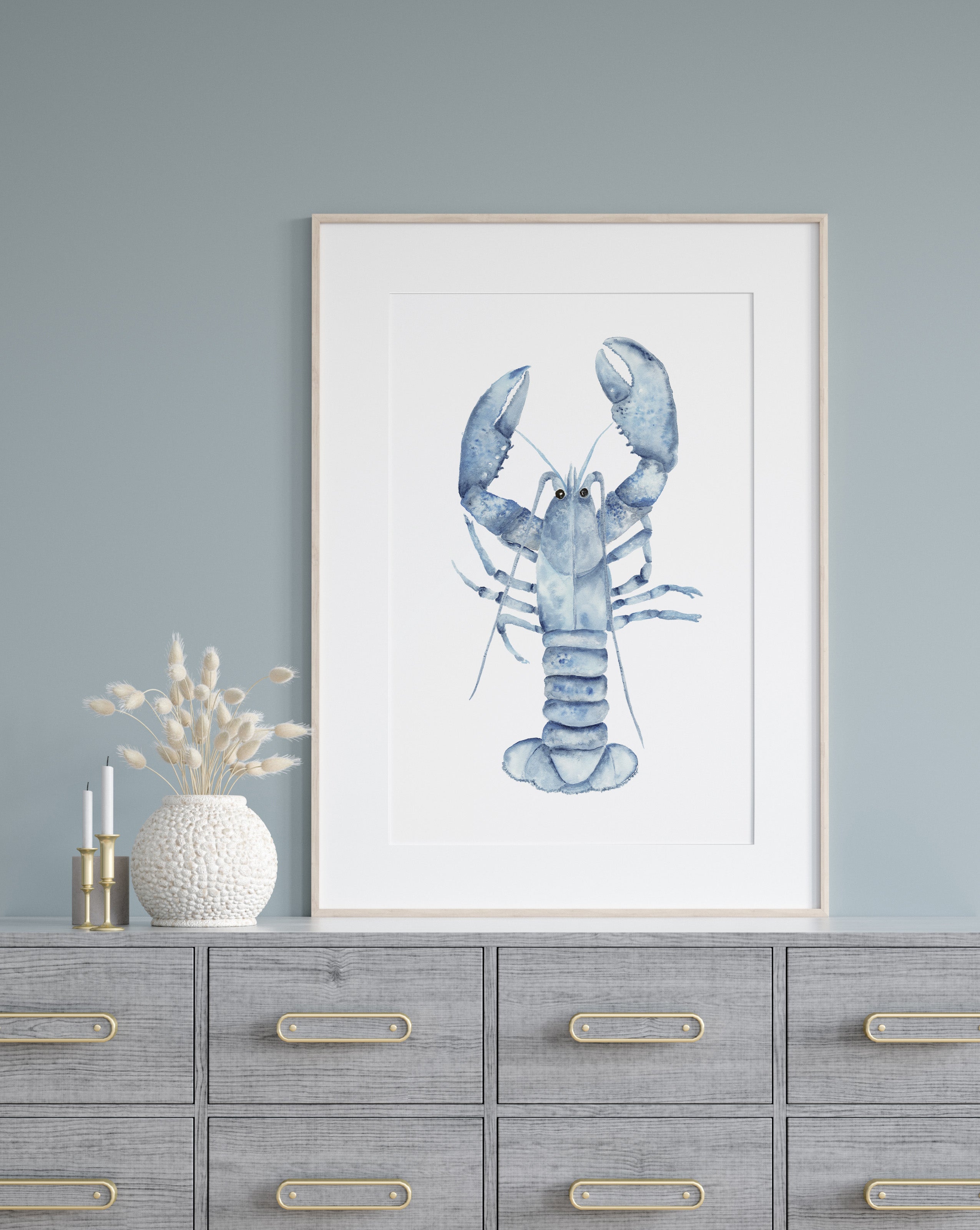 Blue Lobster Watercolor Wall Art – Modern Coastal Scandinavian