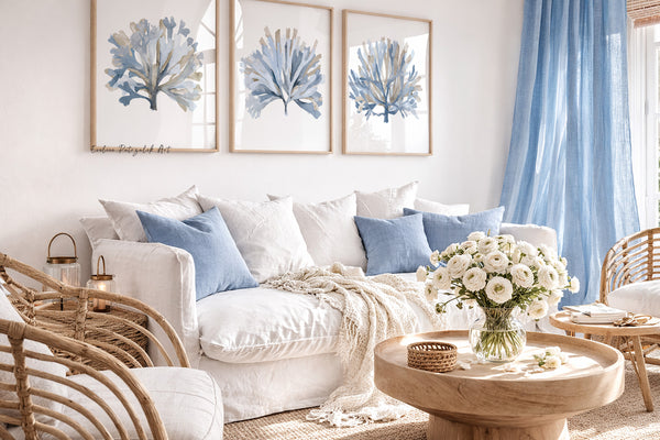 Cozy living room with white sofa, blue pillows, and a vase of flowers on a wooden table.