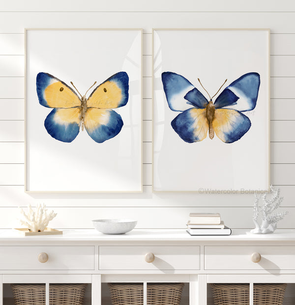 Coastal Blue Butterflies Watercolor Wall Art Set of 2 Prints