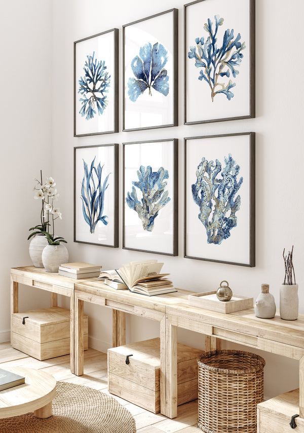 Korallen Wandkunst – 6-teiliges Küsten-Minimalismus Druckset in Marineblau und Beige