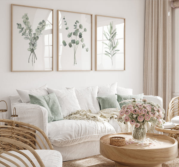 Salbei Grün Watercolor Botanical Art Set 3 – Eukalyptus Botanische Wandbilder, Minimalistische Skandinavische Wohn Deko