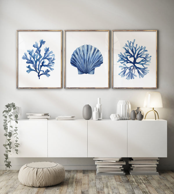 Indigo Coastal Wall Art Set of 3 – Scallop Shell & Coral Watercolor Prints