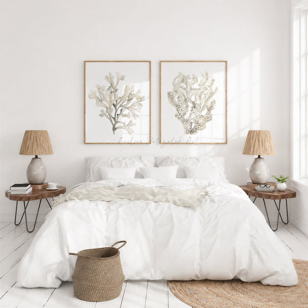 Beige Korallen Bilder 2er Set – Aquarell Wandbilder im Coastal Stil