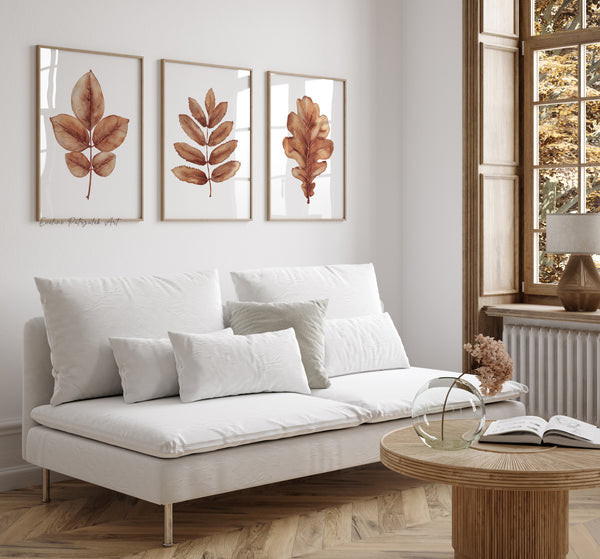 Aquarell Herbstblätter Set von 3 Drucken – Skandinavische Braun Botanische Wandbilder