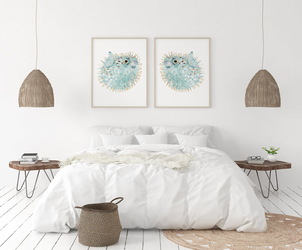 Aquarell Kugelfisch Poster Set 2 – Minimalistische Maritime Wandbilder im Coastal Stil