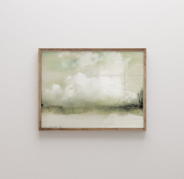 Salbeigrün Aquarell Wandbilder 2er-Set – Japandi Wolken Landschaft Kunst für moderne minimalistische Einrichtung