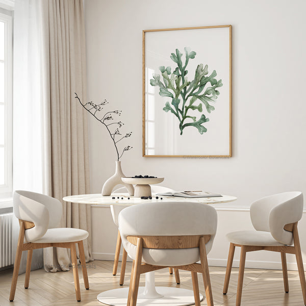 A framed watercolor painting showcases the intricate details of seaweed, adding a touch of nature to a dining room with a round table and upholstered chairs.