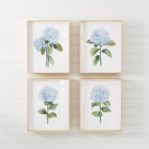 Set aus 4 Aquarell Hortensien Postern – Blaue Blumen Bilder – Botanische Wanddeko für modernes Wohnzimmer oder Schlafzimmer