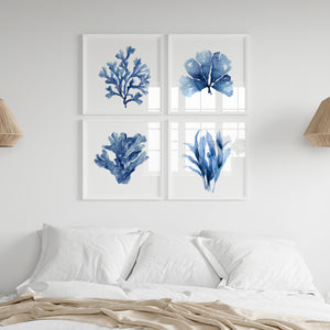 Watercolor Blue Coral Wall Art Prints – Indigo Navy Coastal Sea Life Set of 4, Nautical Ocean Botanical Artwork for Beach House Décor