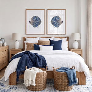 Blue Discus Fish Art Pair – Navy Watercolor Marine Life Prints, Modern Coastal Decor