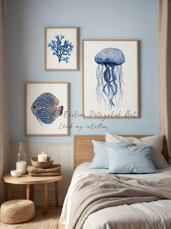 Hamptons-style navy coral wall posters, Set of 3