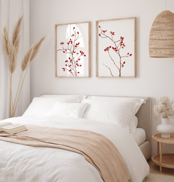 Rosehip Aquarell Kunstdrucke – Zweier-Set Rote Beeren Zweige, Botanische Wandkunst für modernes Zuhause