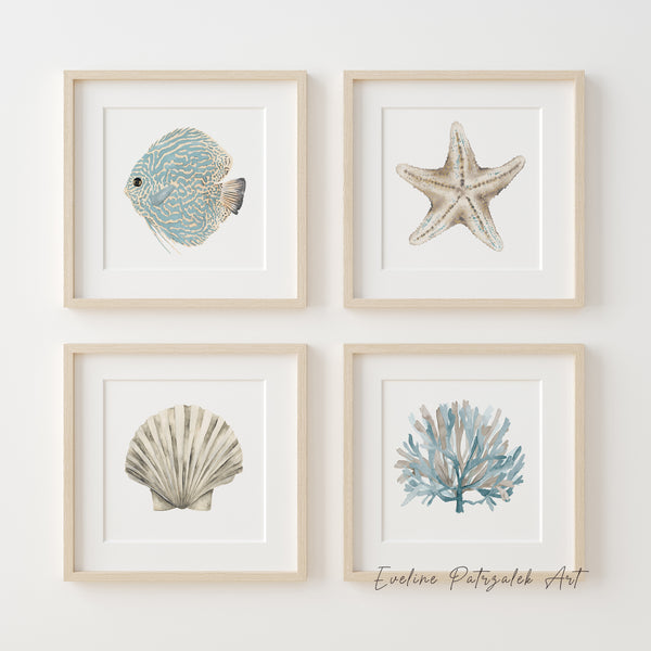 Coastal Petrol Wandbilder Set – 4 Aquarell Meeresmotive mit Fisch, Seestern, Koralle & Muschel