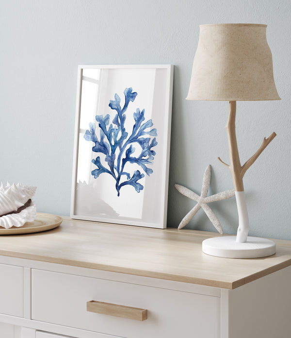 Indigo Coastal Wall Art Set of 3 – Scallop Shell & Coral Watercolor Prints