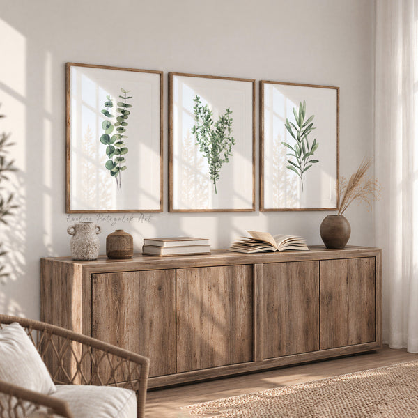 Eukalyptus, Thymian & Olive Wandbilder 3er Set – Aquarell Küchenkräuter Kunstdrucke