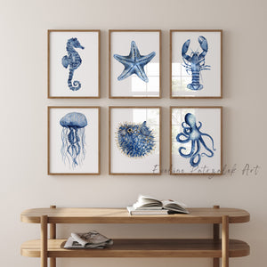 Indigo Blue Marine Animals Print Set of 6 – Navy Coastal Wall Art