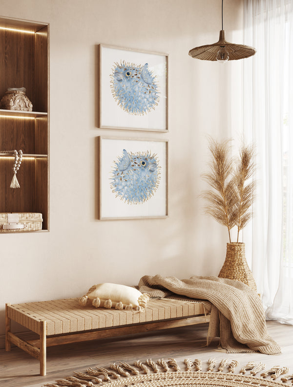 Aquarell Kugelfisch Wandbilder – 2er Set Küsten Meeresmotive, Maritime Deko für Strandhaus & Ozean-inspirierte Wohnräume