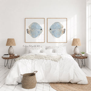 Blue Coastal Wall Art – Minimalist Fish Prints, Set of 2 - Nautical Beach House Decor - Artwork for Modern Interiors