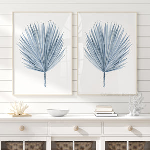 Blaue Aquarell Palmblätter Poster – Minimalistische Botanische Drucke, 2er Set – Skandinavische Boho Wanddeko