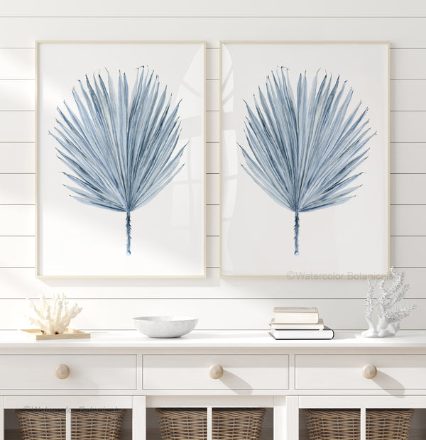 Blaue Aquarell Palmblätter Poster – Minimalistische Botanische Drucke, 2er Set – Skandinavische Boho Wanddeko