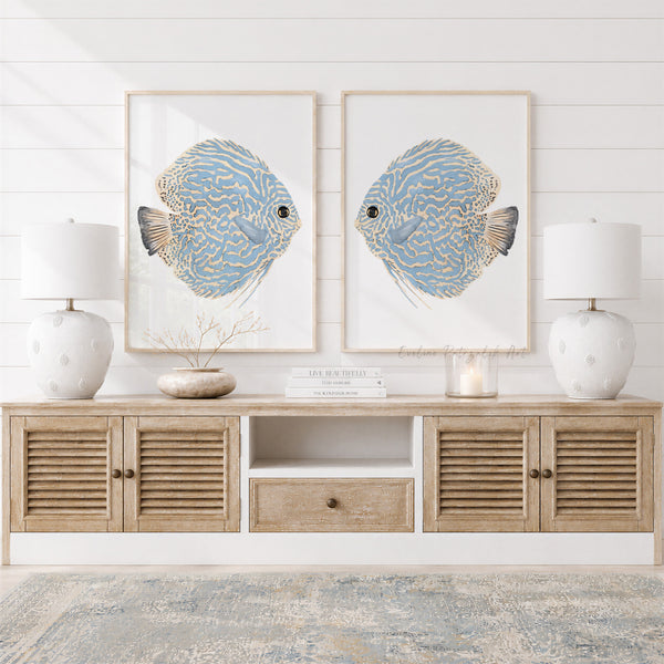 Abstraktes Küstenwandbild, 2er-Set Diskusfische Kunstdrucke