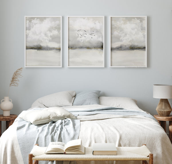 Japandi Wanddeko Set aus 3 – Minimalistische Aquarell Wolken Bilder für modernes Zuhause