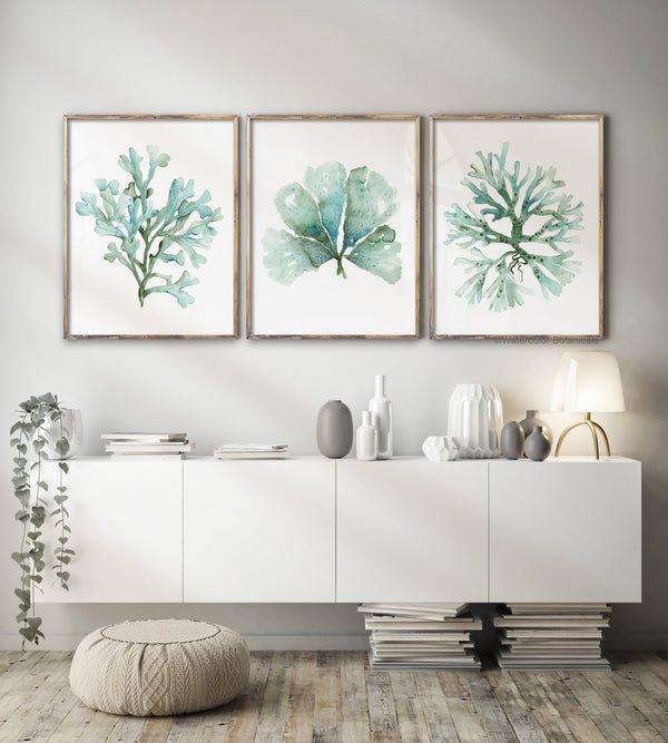 Modern interior with a white sideboard, decorative items, and framed coral art on the wall.