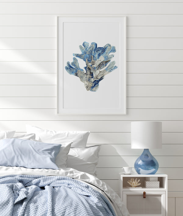 Korallen Wandkunst – 6-teiliges Küsten-Minimalismus Druckset in Marineblau und Beige