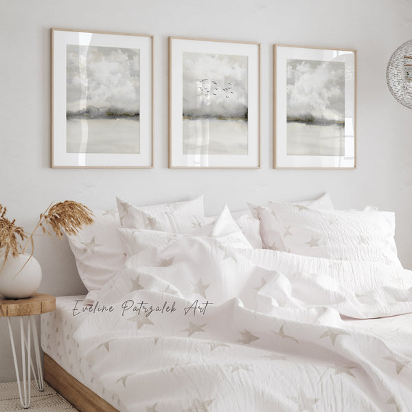 Japandi Wanddeko Set aus 3 – Minimalistische Aquarell Wolken Bilder für modernes Zuhause