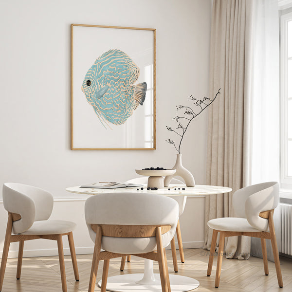 Mint green discus fish wall art in wooden frame – minimalist coastal print styled in modern dining room with light neutral decor