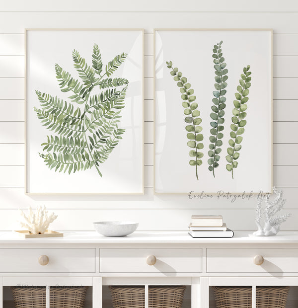 Minimalist Sage Green Botanical Wall Art – Fern Leaves Print Set of 2