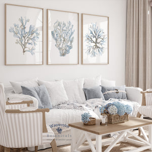 Blue Coastal Wall Art, Watercolor Minimalist Corals, Set of 3 Posters