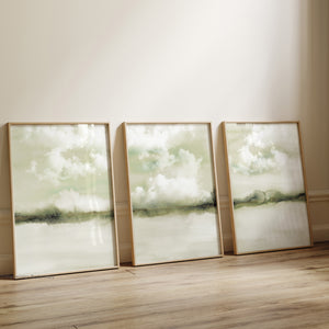 Japandi Cloud Landscape Wall Art Set – Abstract Green Prints for Modern Minimalist Decor (Set of 3)