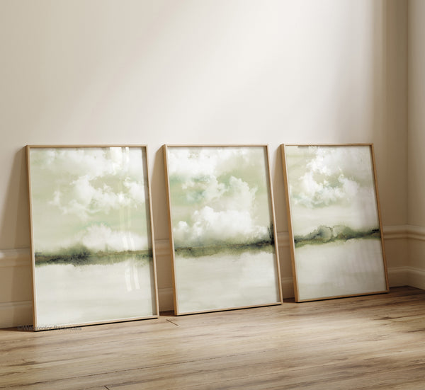 Wolken Landschaft Wandkunst 3er-Set – Japandi Abstrakte Salbeigrün Sage Green Prints für moderne minimalistische Räume