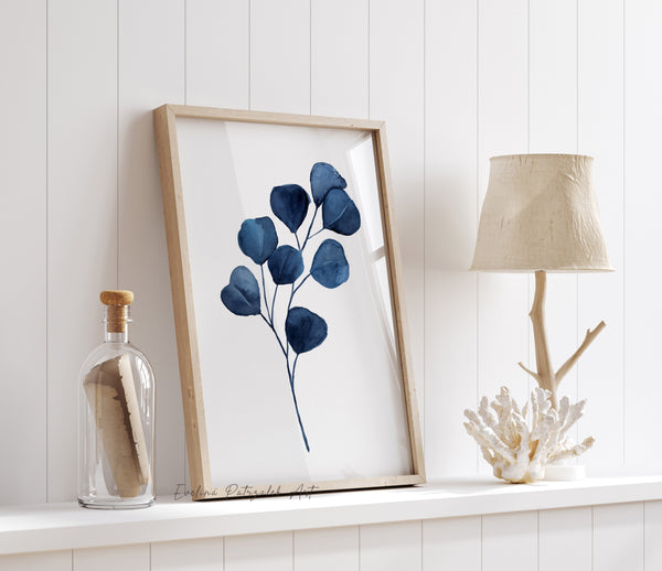 Watercolor Eucalyptus Wall Art Set of 3 – Navy Blue Botanical Prints for Modern Bedroom or Living Room
