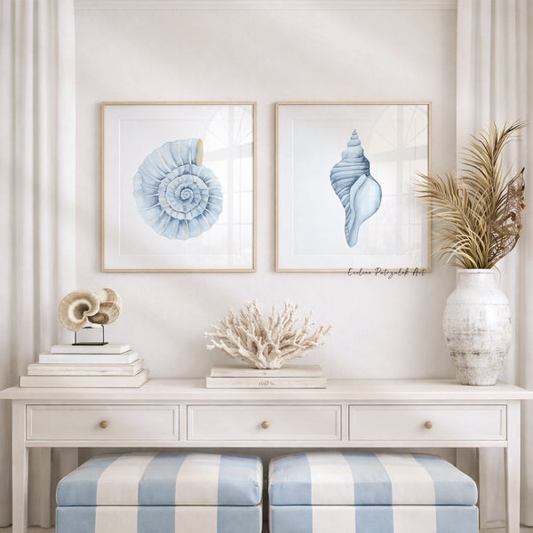 Ammonite & Conch Shell Wall Art – Minimalist Coastal Art Set