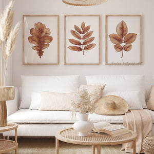 Scandinavian Autumn Leaves – Set of 3 Prints – Brown Watercolor Botanical Wall Art