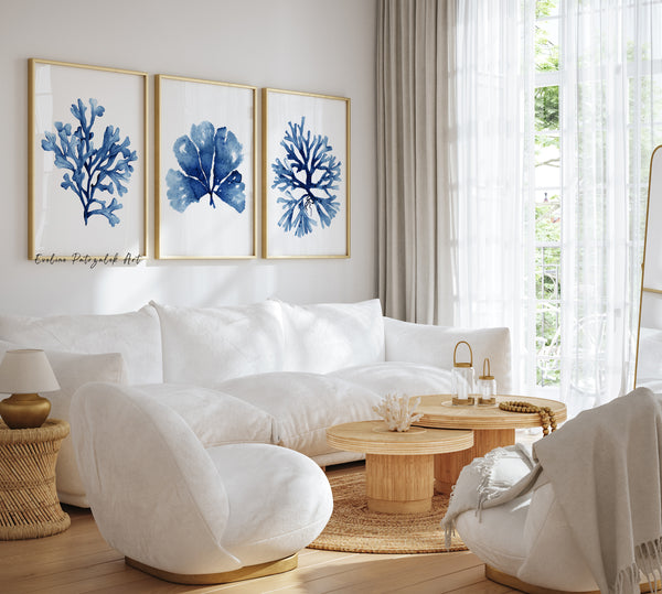 Hamptons-style navy coral wall posters, Set of 3