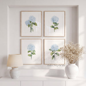 Set aus 4 Aquarell Hortensien Postern – Blaue Blumen Bilder – Botanische Wanddeko für modernes Wohnzimmer oder Schlafzimmer
