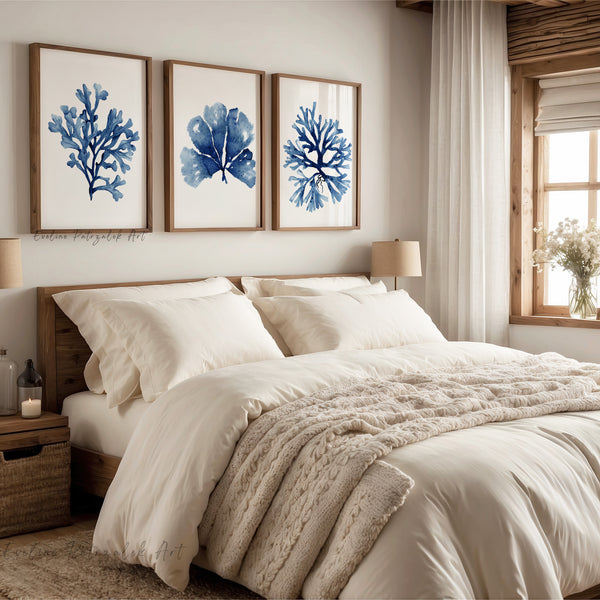 Hamptons-style navy coral wall posters, Set of 3