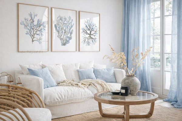 Nautische Aquarelle, 3er-Set marineblaue Kunstdrucke, Hamptons Stil