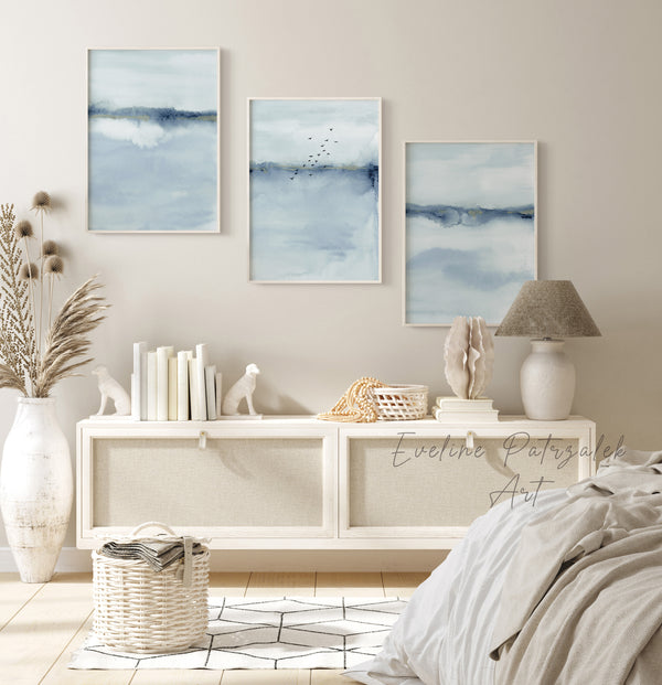 Blue Watercolor Abstract Landscapes Wall Art Set of 3 – Coastal Scandi Ocean Prints for Living Room or Bedroom Decor