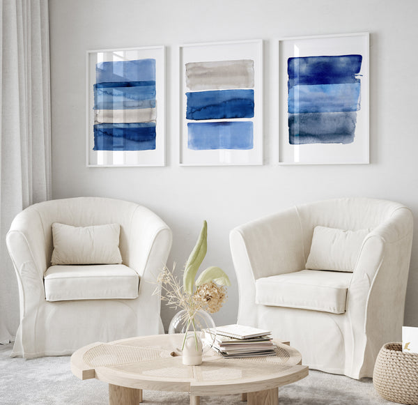 Blue Geometric Watercolor Wall Art Set of 3 – Modern Abstract Stripe Prints