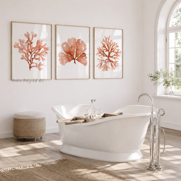 Orange Coral Wall Art Set of 3 – Botanical Coastal Reef Prints