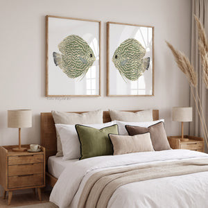 Modern Bedroom Wall Art Set of 2 – Green Minimalist Watercolor Fish Prints, Scandinavian Decor