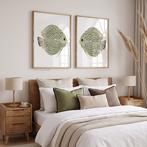 Moderne Schlafzimmer Wandbilder 2er Set – Grüne minimalistische Aquarell Fischbilder, Skandinavische Deko